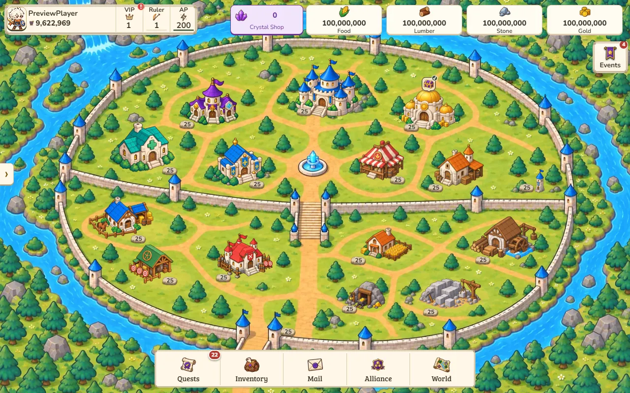 Your kingdom: select a building to view its level and available actions. Resources and navigation surround the city.